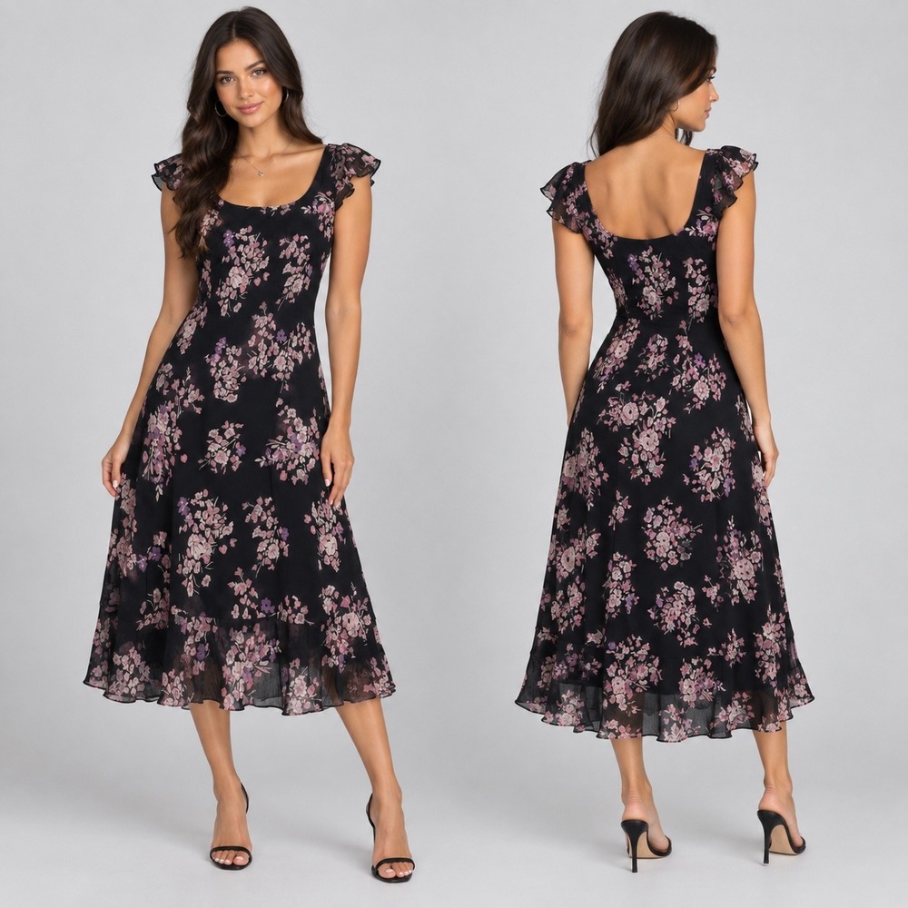 Vintage Y2K floral flowy Whimsigoth midi dress ruffle sleeve lined by dress barn